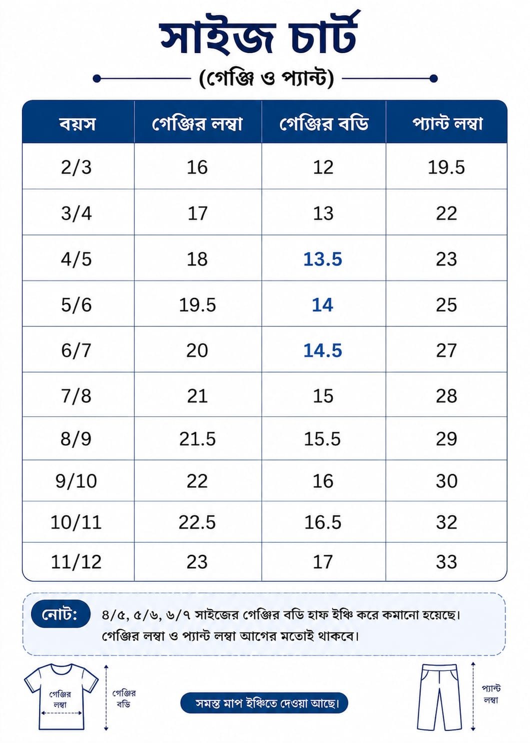 সাইজ চার্ট